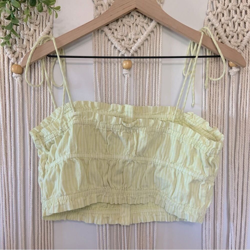 AERIE Woven Front Smocked Button 100% Cotton Tank Yellow Stripe Tie Strap Medium - Picture 4 of 12